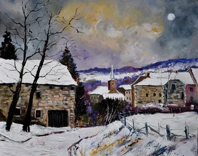 油画 小村雪景图片 油画 小村雪景图片