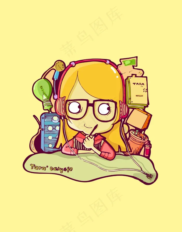手绘小女孩学习插画矢量图笔书耳麦