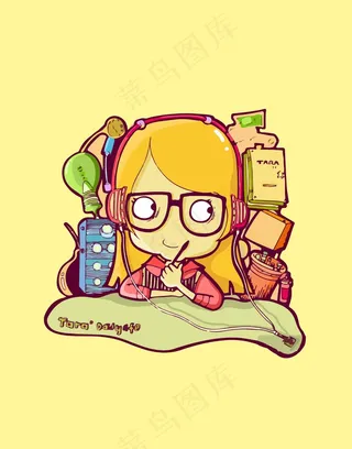 手绘小女孩学习插画矢量图笔书耳麦