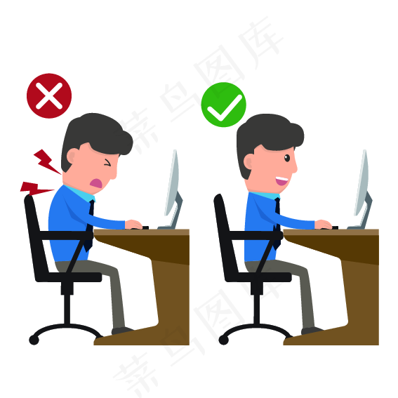 正确电脑坐姿的示范矢量素材