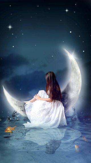 坐在月亮上的美女高清摄影图片