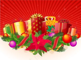 圣诞礼品装饰矢量模板用弓礼品盒松枝