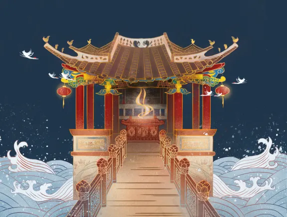 古风大气手绘夜景海中房屋建筑