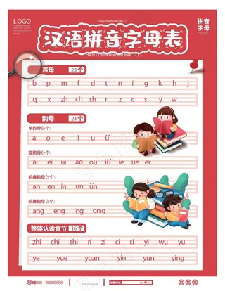 红色简约小孩学拼音表宣传海报