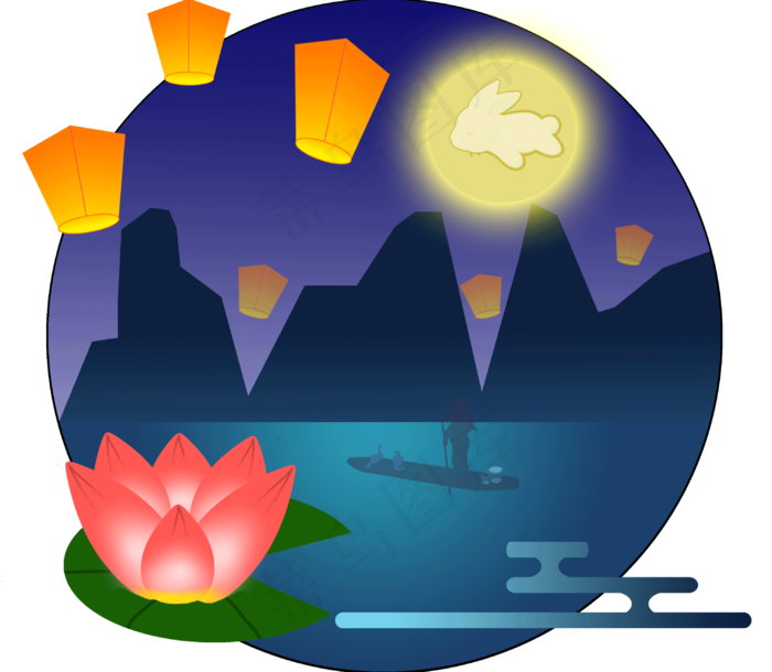 中秋玉兔荷花夜景(3049*2657px 150 dpi )psd模版下载