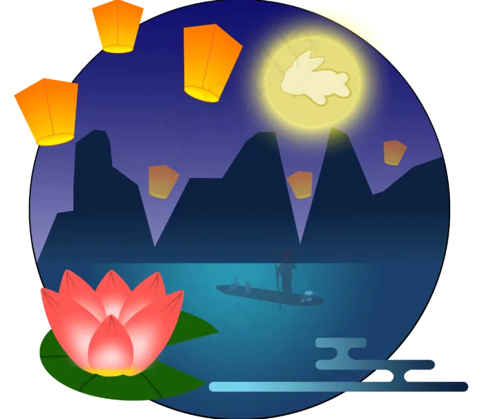 中秋玉兔荷花夜景(3049*2657px 150 dpi )psd模版下载