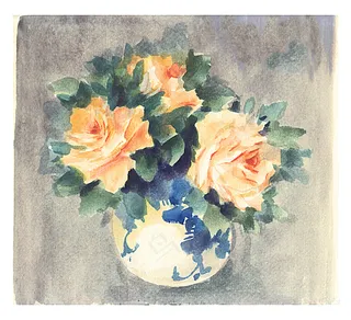 原创水彩青花瓷黄玫瑰图片