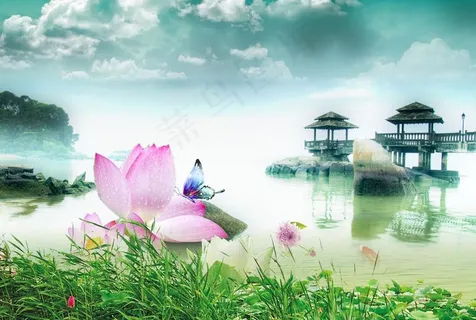 山水湖泊亭台楼阁图片