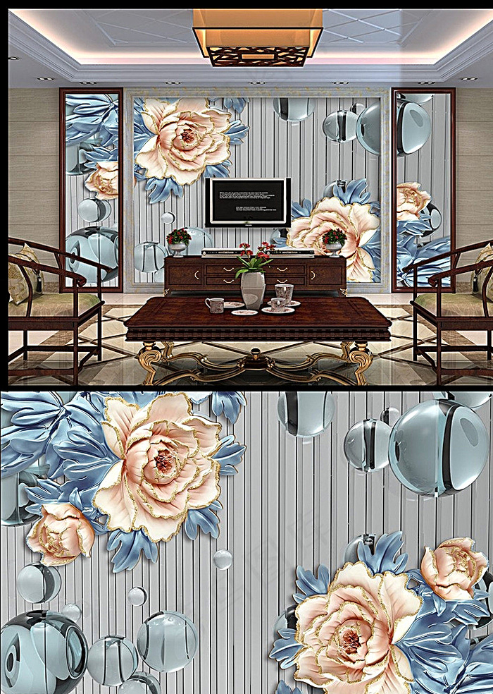 牡丹浮雕背景墙图片