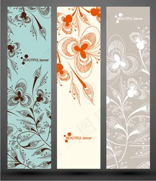 矢量手绘植物花纹旗帜素材