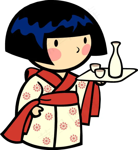 端酒的日本小女孩插画ai矢量模版下载