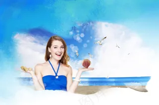 海滩风景与洋美女PSD素材
