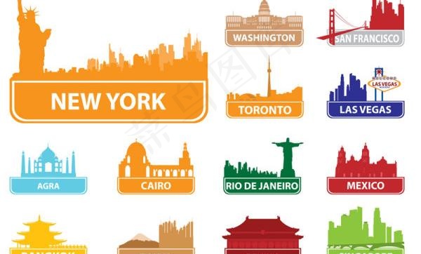 世界著名城市建筑剪影矢量素材