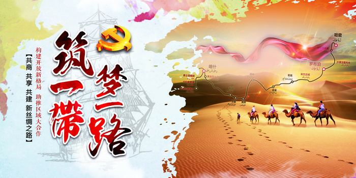 简约手绘新丝绸之路一带一路展板ps...(7087X3543(DPI:150))psd模版下载