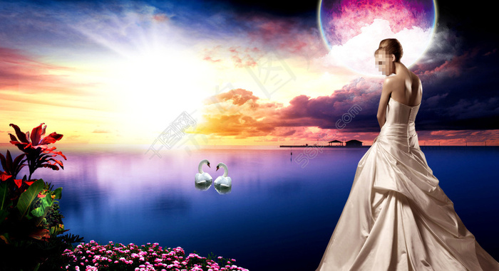 湖边时尚礼服美女海报背景psd素材
