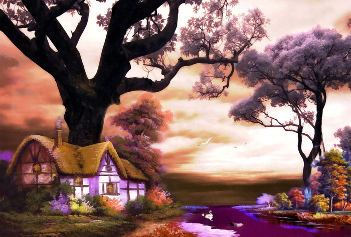 紫色浪漫世外桃源山水画墙贴贴图挂画...