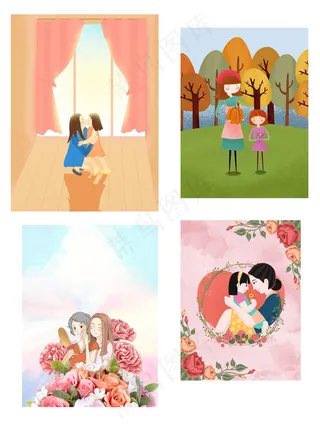 手绘亲子母亲节插画海报背景元素