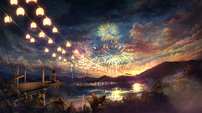 火花烟花灯笼人物蓝天白云湖水