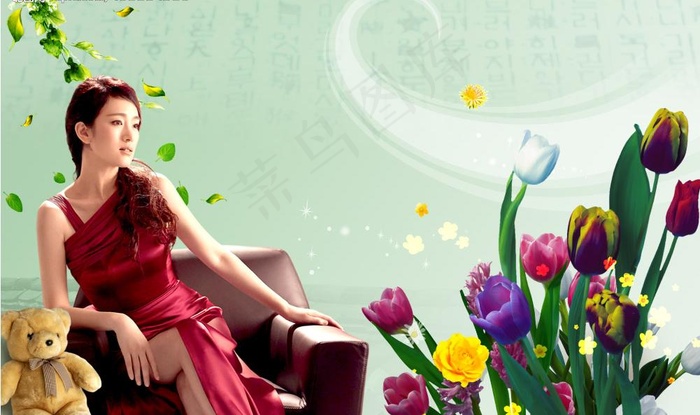 美女与花图片(2953X1919(DPI:300))psd模版下载