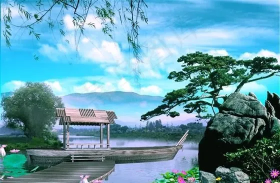 迎客松山水风景插画分层素材psd模版下载