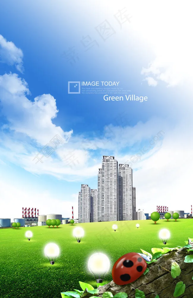 树干上的瓢虫和草地上的地灯建筑(2600X4000(DPI:300))psd模版下载