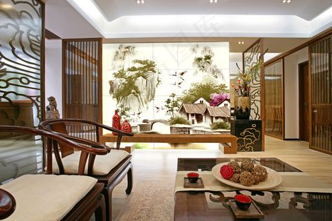 山水画背景墙 客厅装修图片