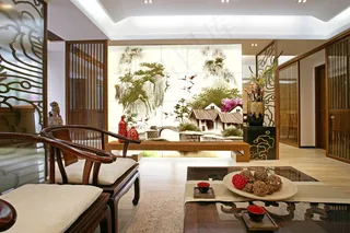 山水画背景墙 客厅装修图片