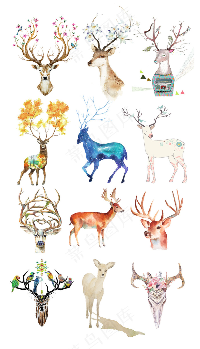 唯美手绘文艺清新森系小鹿素材