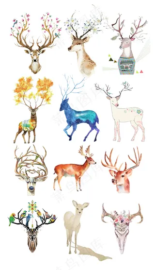 唯美手绘文艺清新森系小鹿素材