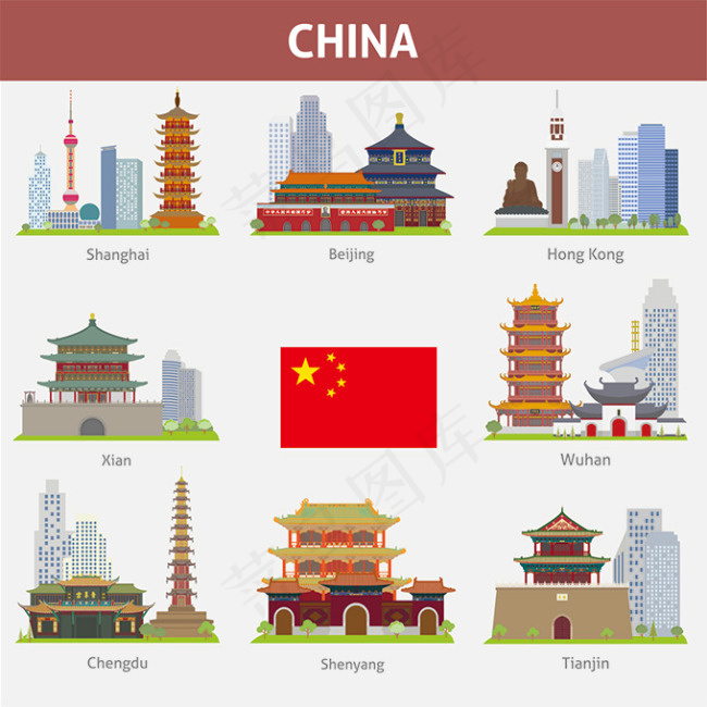 中国著名的城市地标建筑图标素材eps,ai矢量模版下载