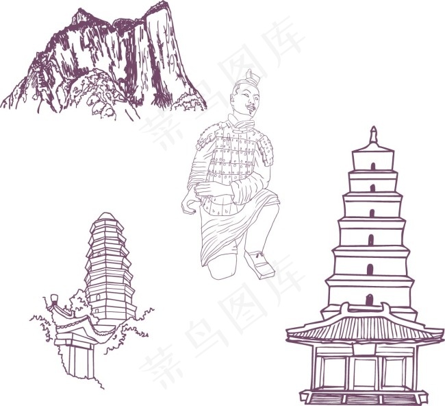 手绘陕西名胜古迹ai矢量模版下载