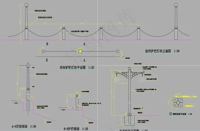 公园景观 沿河护栏及艺术灯柱图片