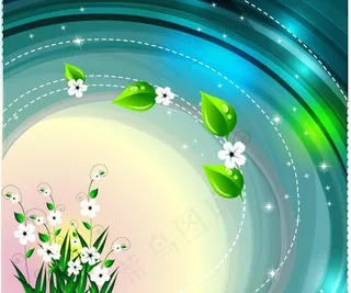 蓝色动感线条绿叶鲜花图片