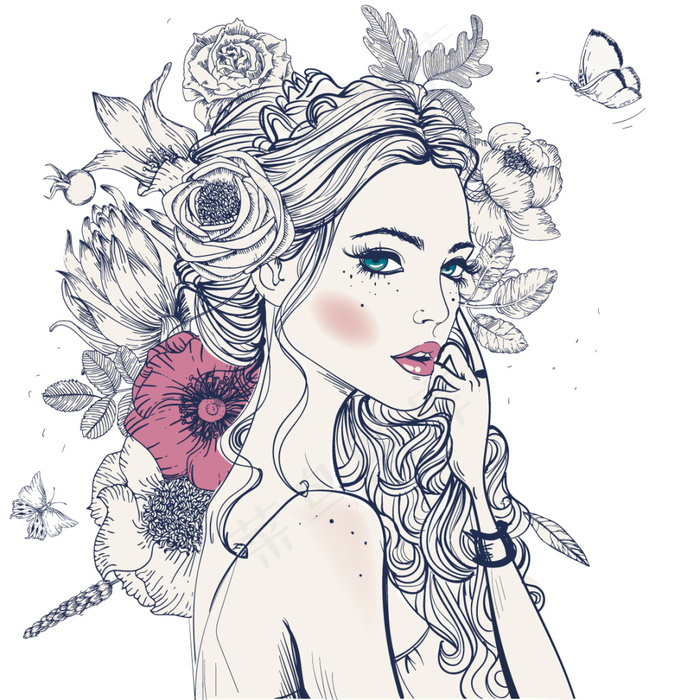 花卉蝴蝶女性插画图片eps,ai矢量模版下载