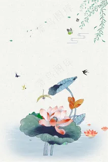 古典彩绘荷花柳叶夏至背景素材