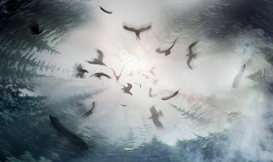 墨色森林群鸟飞翔背景图 墨色森林群鸟飞翔背景图