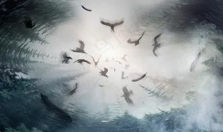 墨色森林群鸟飞翔背景图