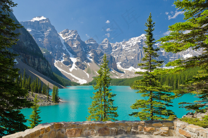 雪山树林湖泊风景