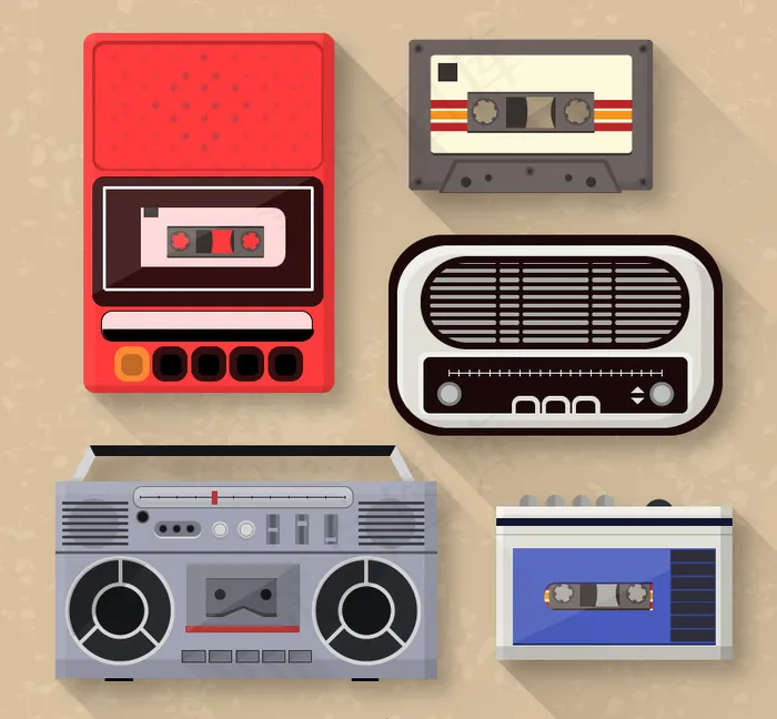 5款复古磁带与录音机矢量素材ai矢量模版下载