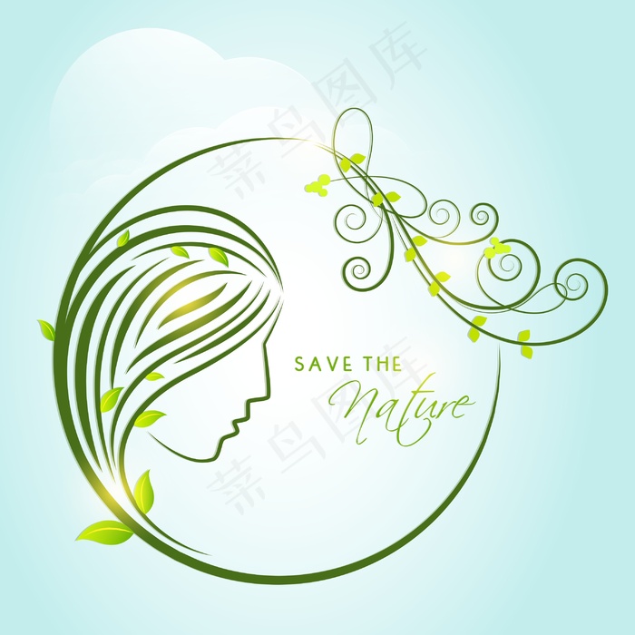 摘要自然观与美丽的女孩的脸在蓝色背...