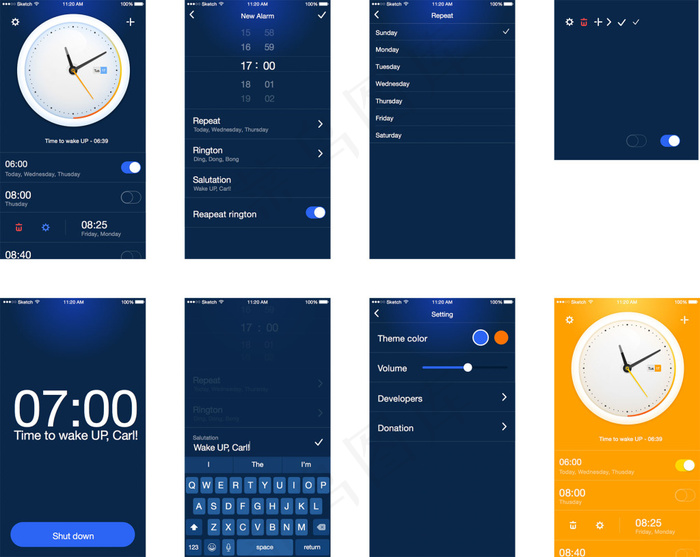 完整的闹钟应用程序移动手机APP界面UI
