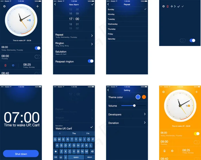 完整的闹钟应用程序移动手机APP界面UI