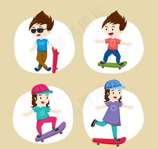 卡通滑板男孩子滑板女孩子剪影分层插...