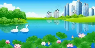 城市湖边荷花天鹅（背景）图片