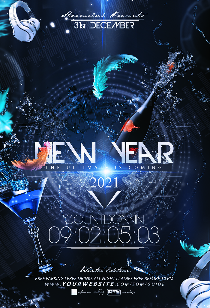 鸡尾酒香槟酒吧迪厅新年派对海报psd模版下载