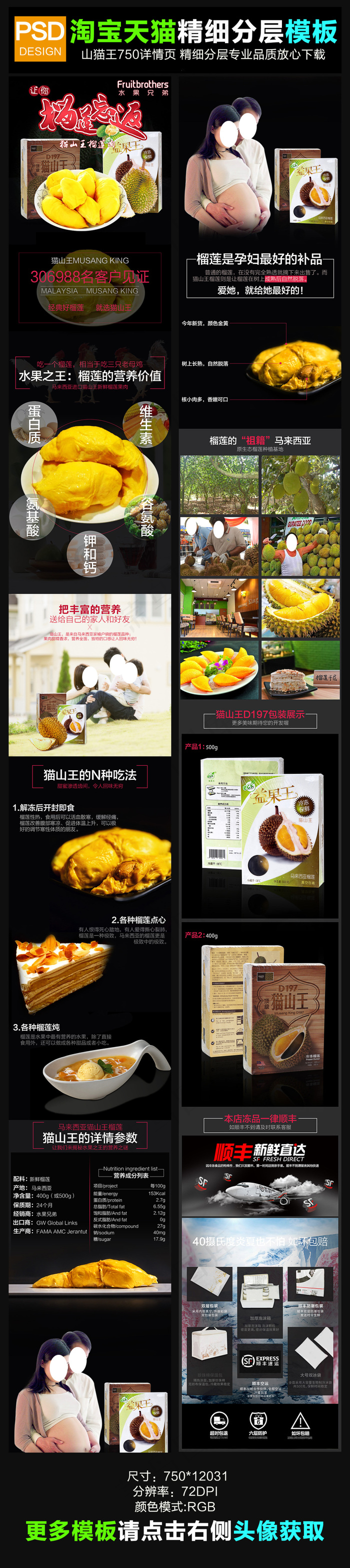 山猫王榴莲水果详情页精细分层模板P...(750X12031(DPI:72))psd模版下载