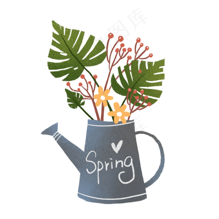 文艺水壶和树叶插图PNG免抠素材