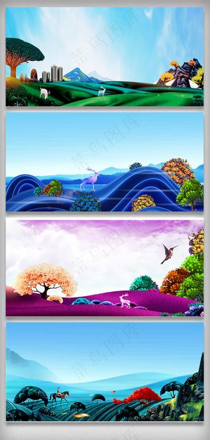 新中式水墨山水建筑海报背景素材