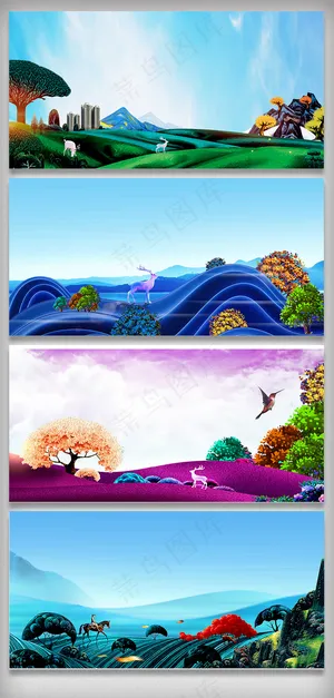 新中式水墨山水建筑海报背景素材