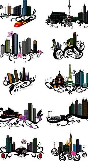 10款潮流城市建筑与花卉矢量素材图...